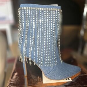 Blue Denim Linia Rhinestone Fringe Ankle Boots